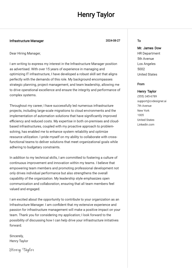 17 Infrastructure Manager Cover Letter Example for 2025: Free Templates 1 17 Infrastructure Manager Cover Letter Example for 2025: Free Templates