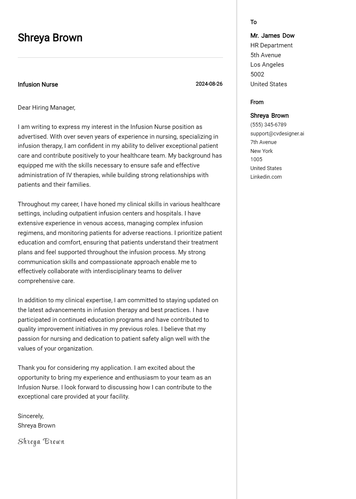 infusion nurse cover letter example