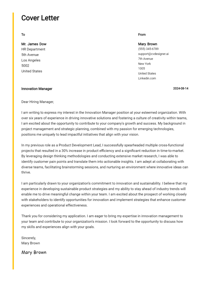 Innovation Manager Cover Letter Samples & Examples 2025