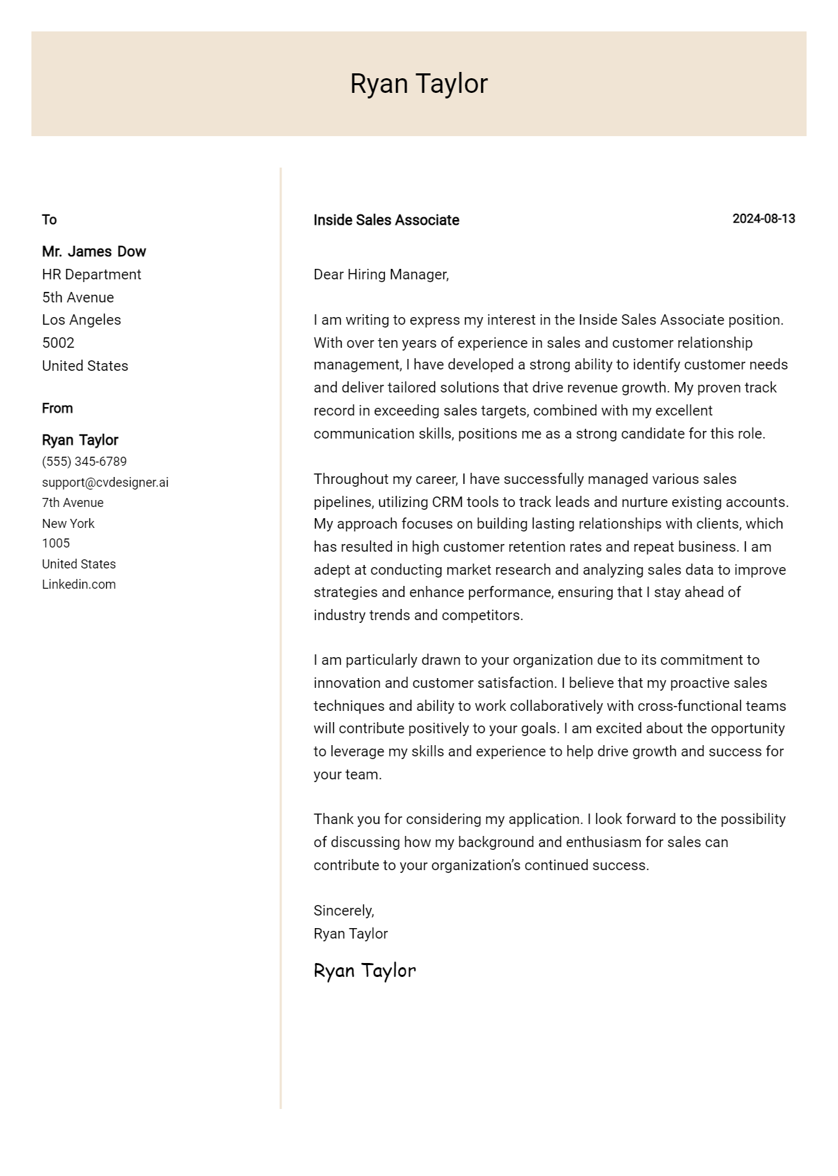 inside sales associate cover letter example