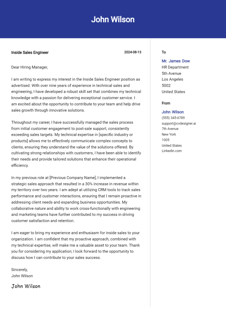 Inside Sales Engineer Cover Letter Example for 2025: Expert Tips & Templates