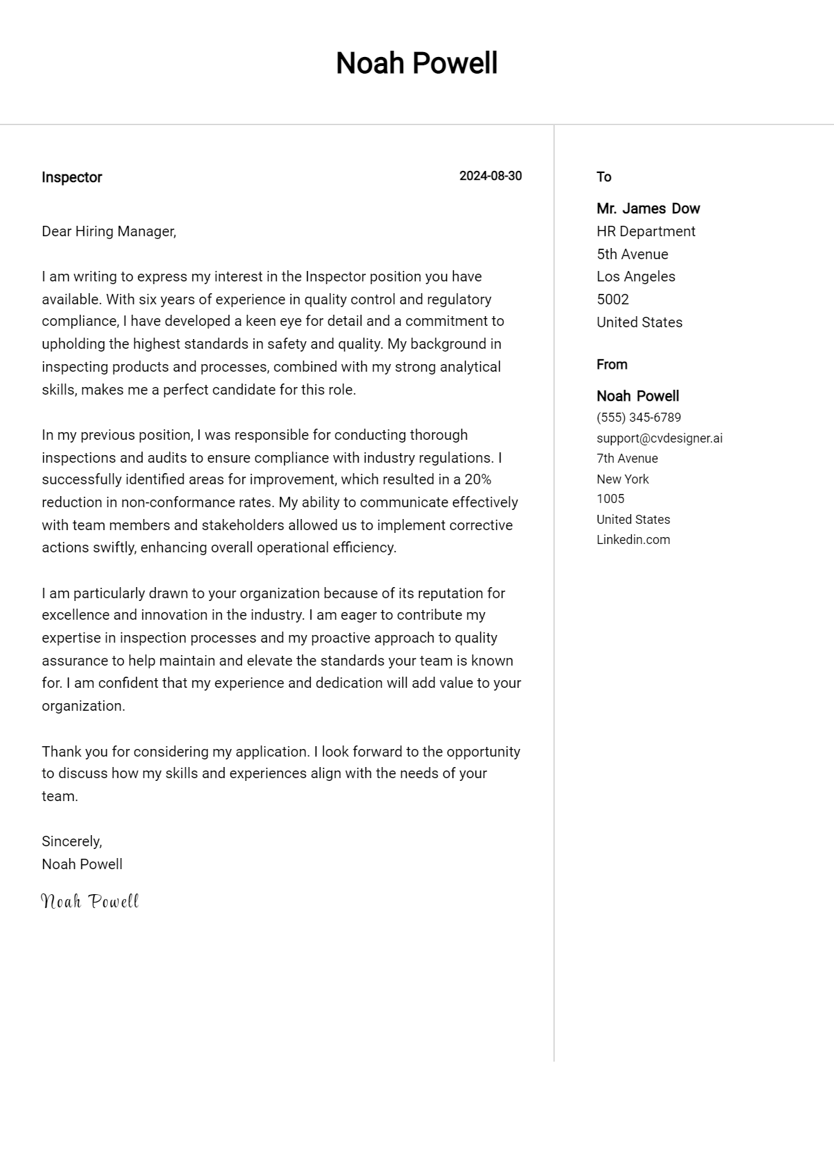 inspector cover letter example