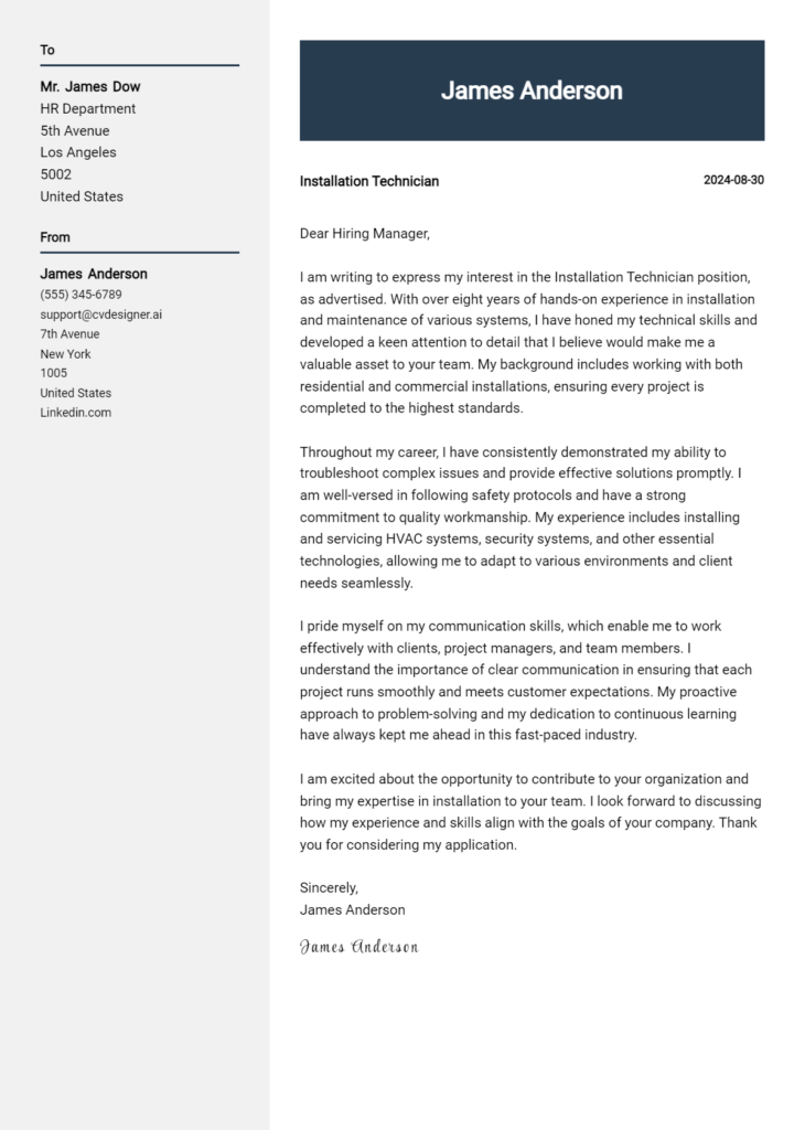 installation technician cover letter example