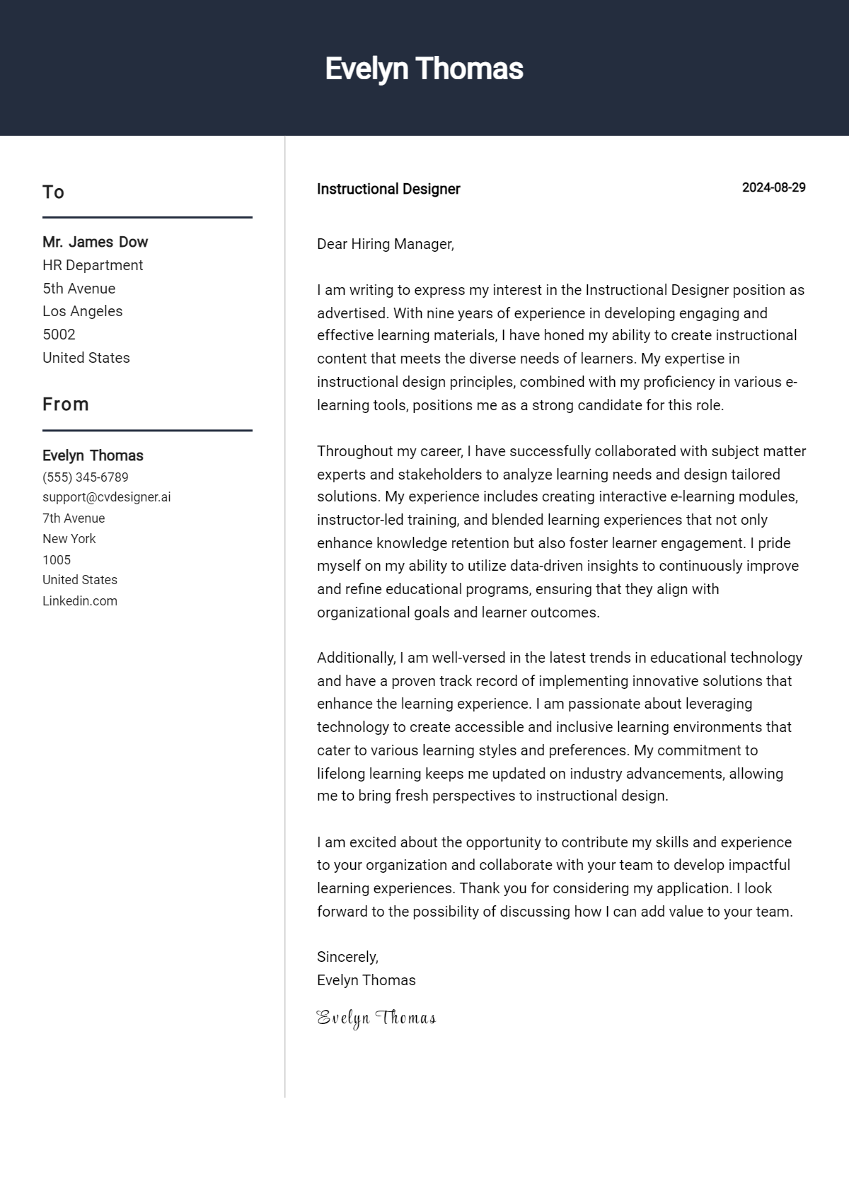 instructional designer cover letter example