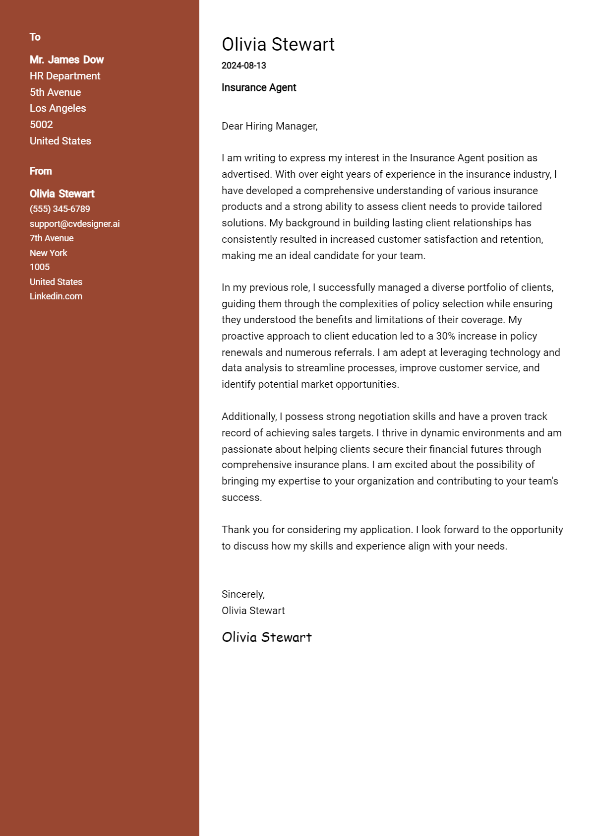 insurance agent cover letter example