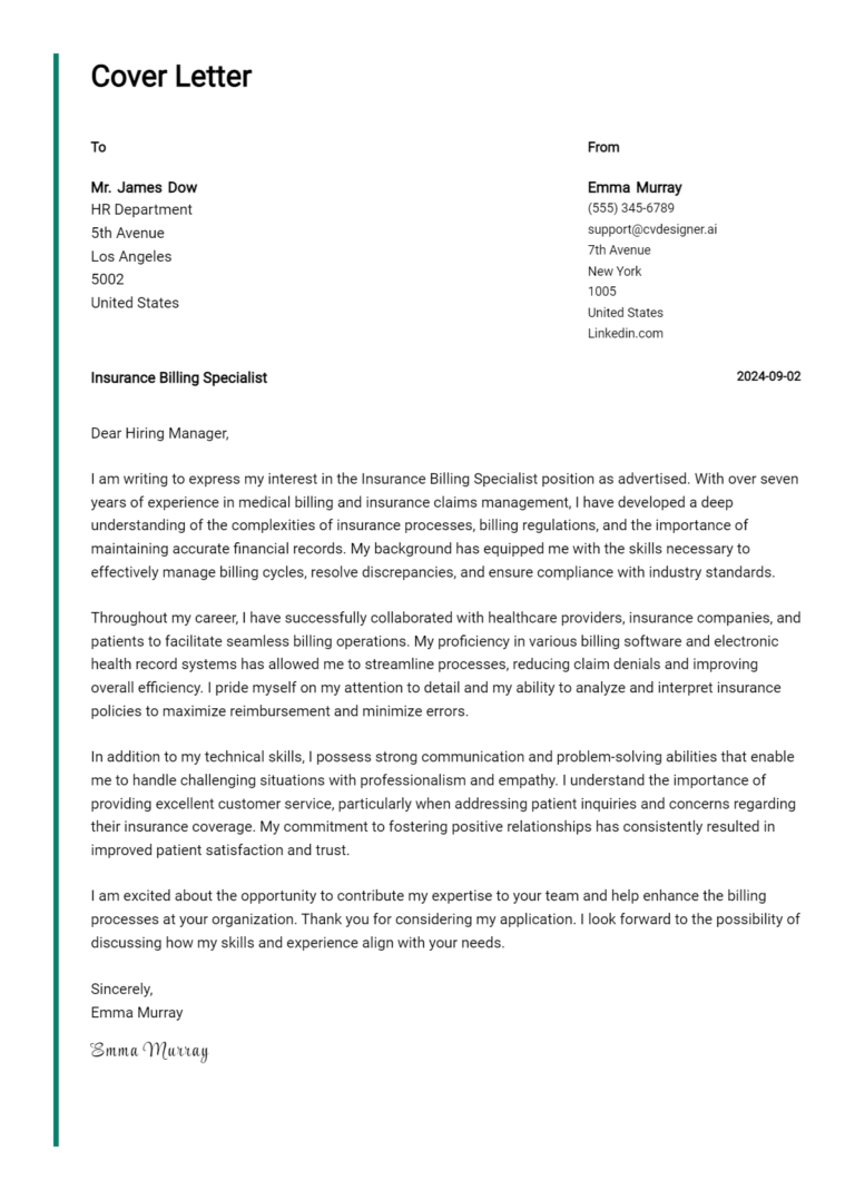 Insurance Billing Specialist Cover Letter Example for 2025 (Free Templates)