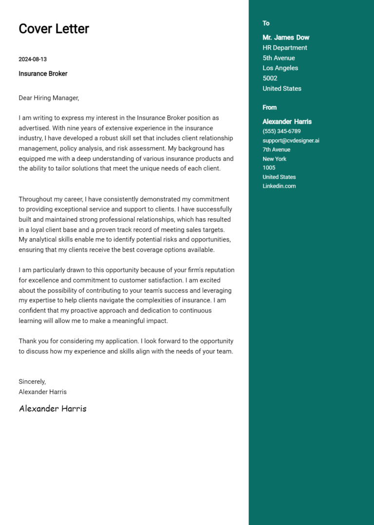 Insurance Broker Cover Letter Example for 2025: Tips & Templates