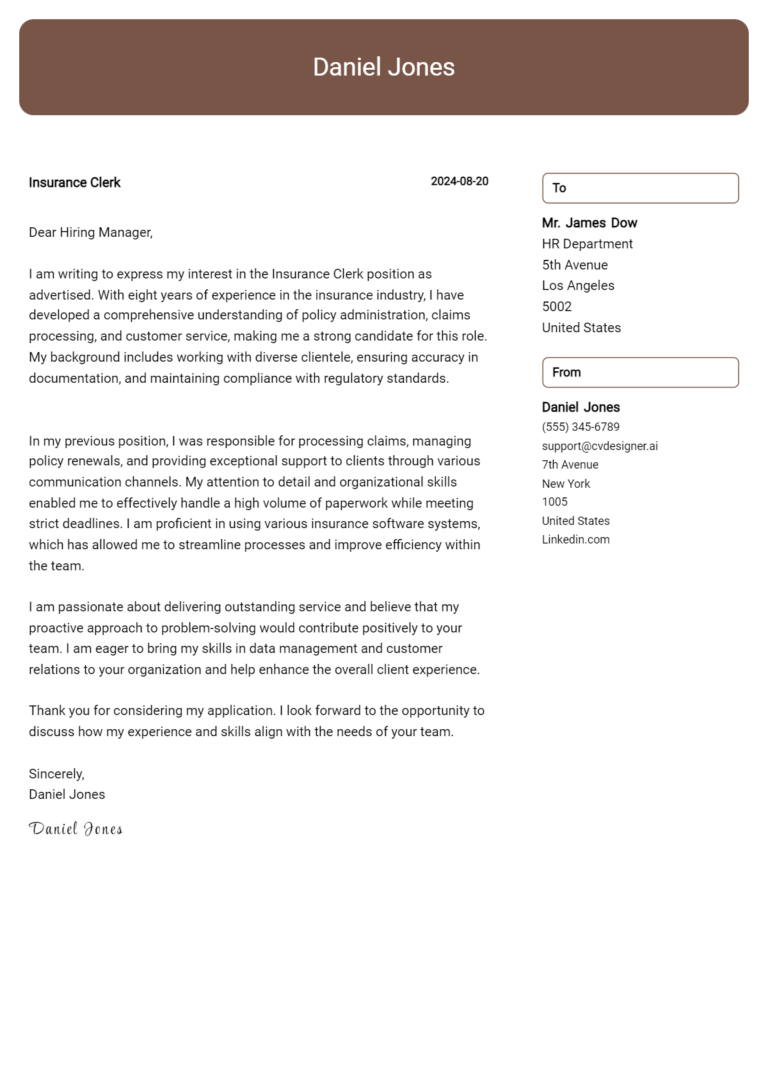 15 Insurance Clerk Cover Letter Examples for 2025: Free Templates