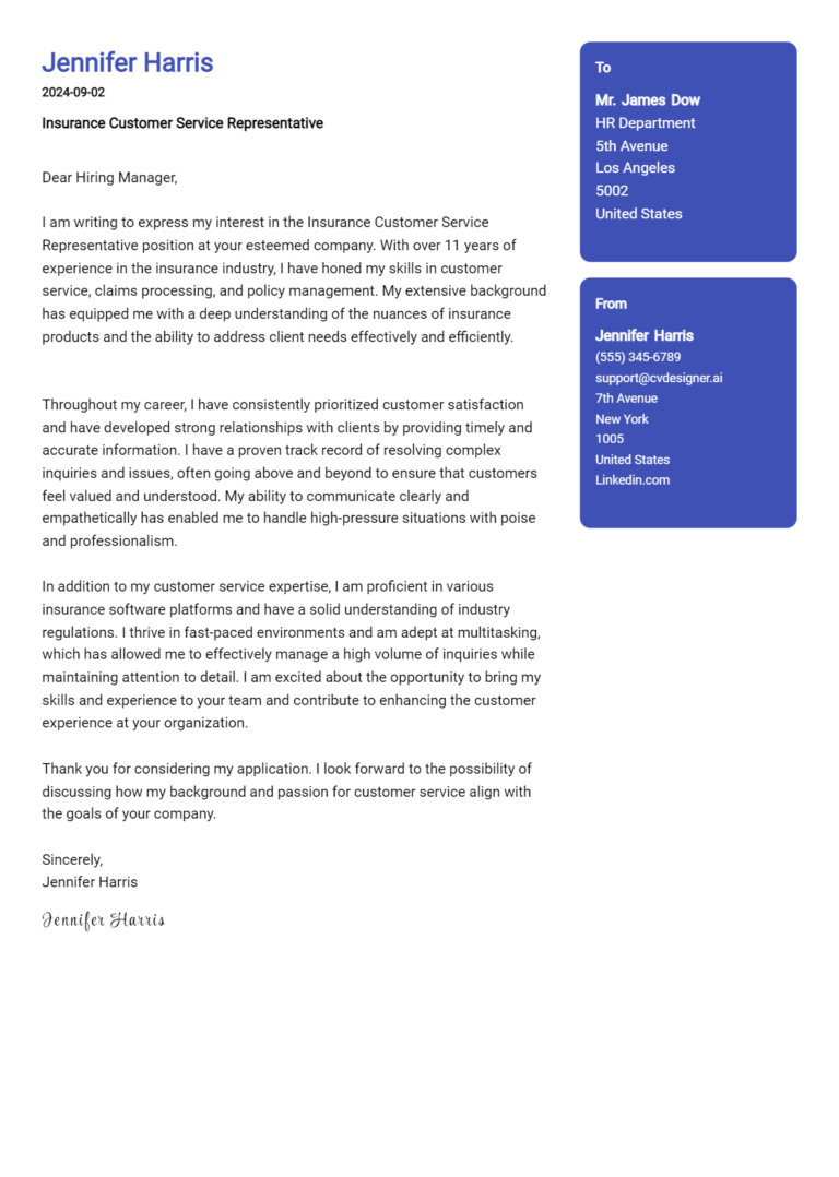 Insurance Customer Service Representative Cover Letter Example for 2025 (Writing Guide)