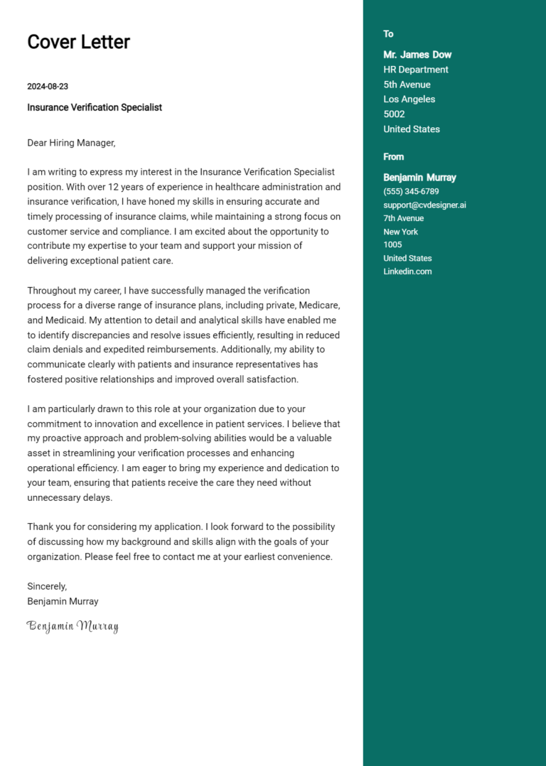 Insurance Verification Specialist Cover Letter Example for 2025 (Writing Guide)