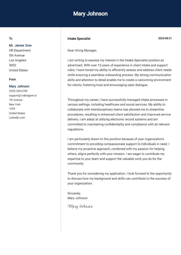 Intake Specialist Cover Letter Example for 2025: Expert Tips & Templates