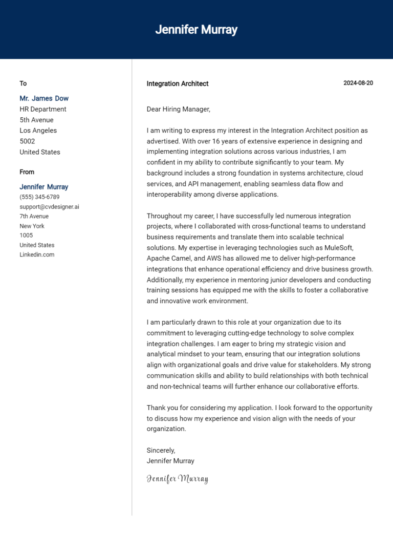 Integration Architect Cover Letter Example for 2025 (Writing Guide)
