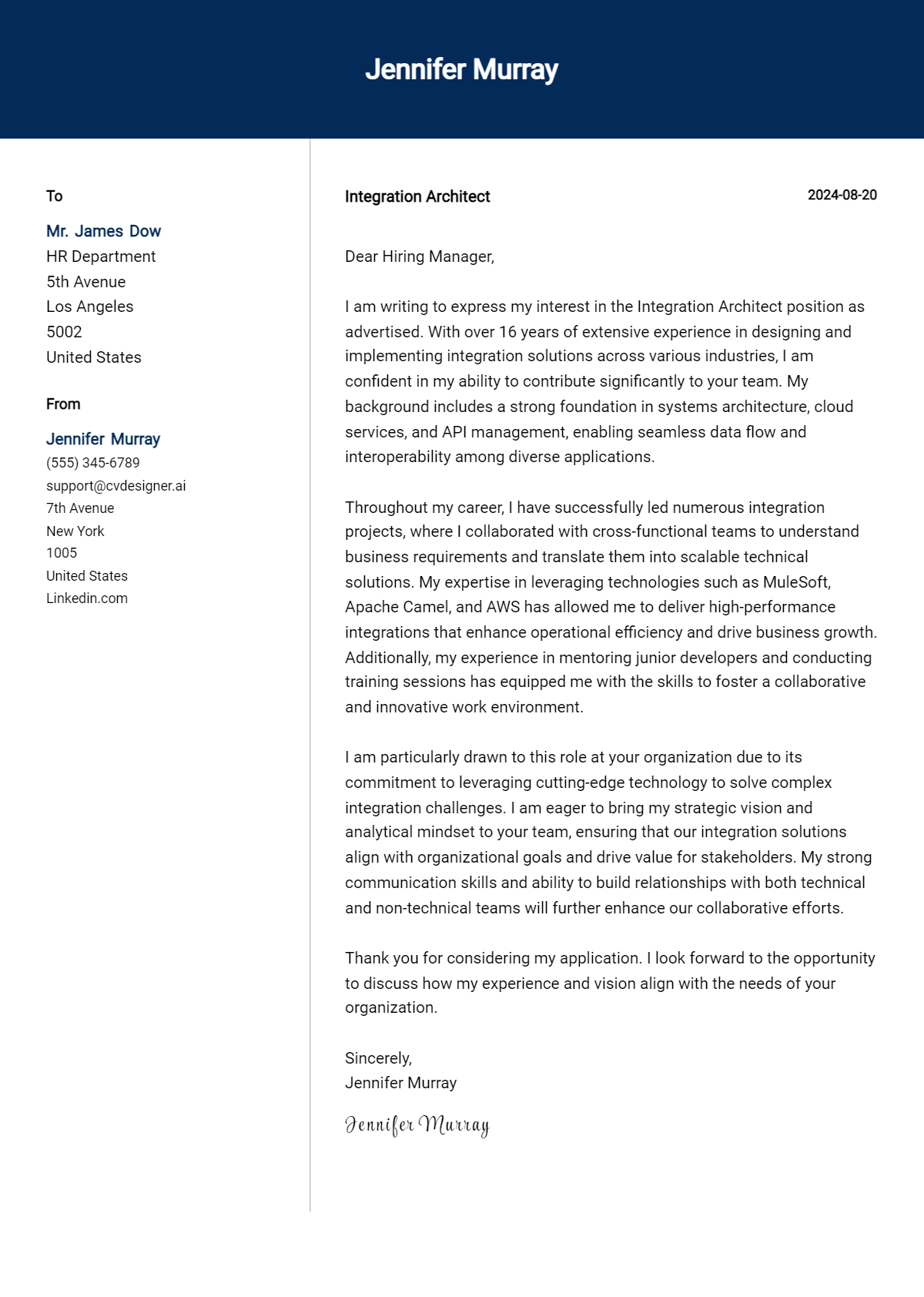 integration architect cover letter example