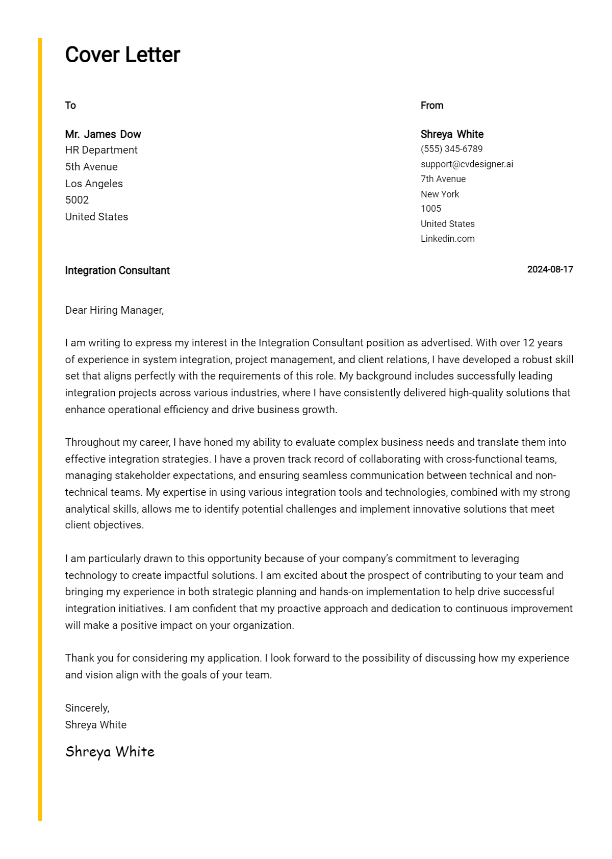 integration consultant cover letter example