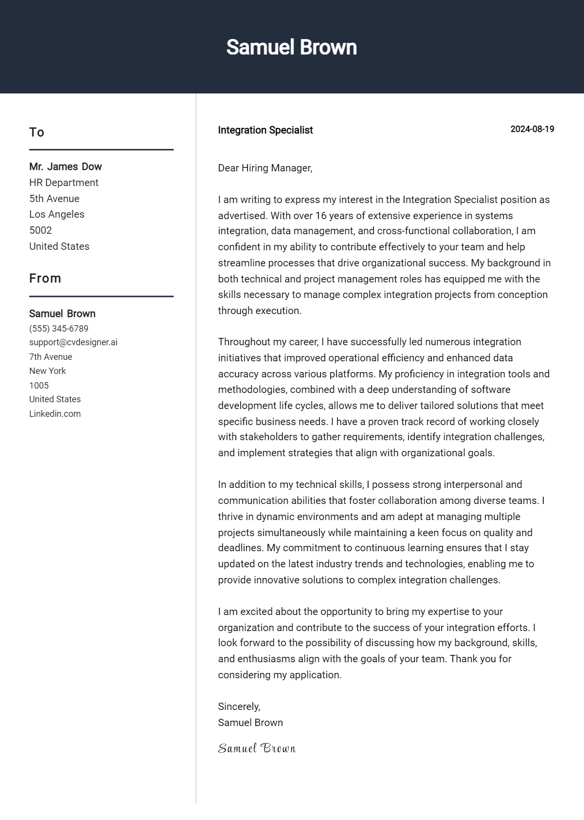 integration specialist cover letter example