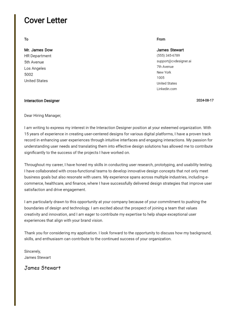 Interaction Designer Cover Letter Example for 2025 (Writing Guide)