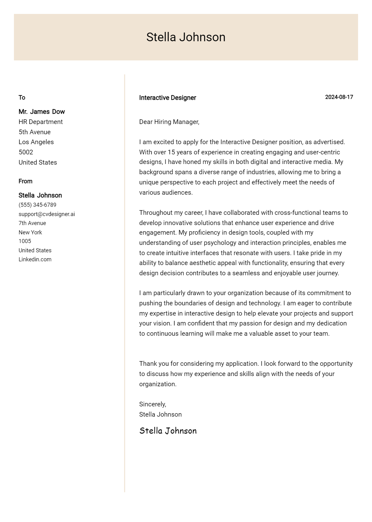interactive designer cover letter example