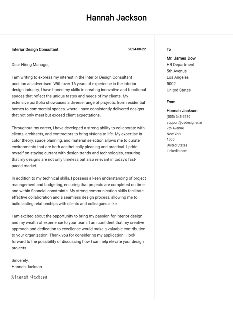 Interior Design Consultant Cover Letter Example for 2025: Free Templates