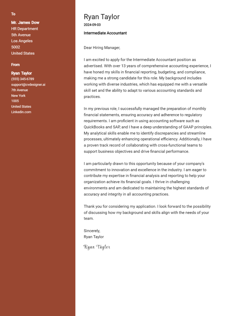 Intermediate Accountant Cover Letter Example for 2025: Ultimate Guide