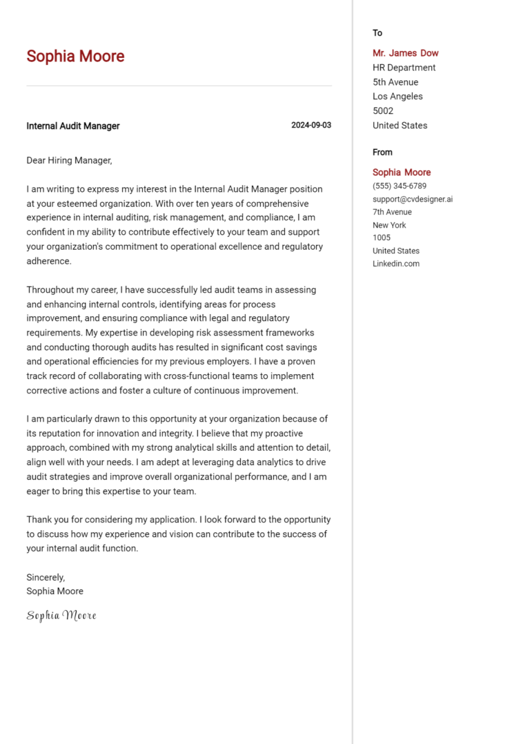 Internal Audit Manager Cover Letter Examples and Templates for 2025