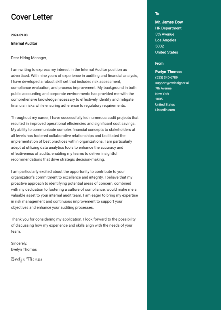 10 Internal Auditor Cover Letter Examples & Samples for 2025