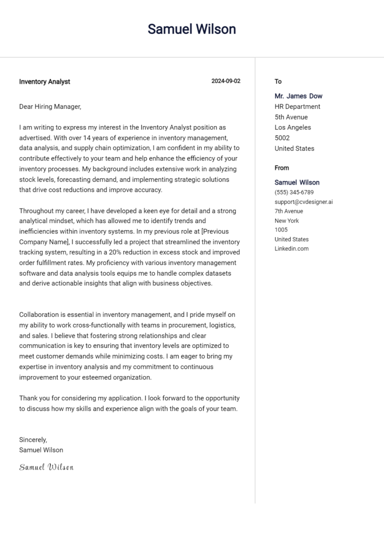 12 Inventory Analyst Cover Letter Examples for 2025 (Free Templates)