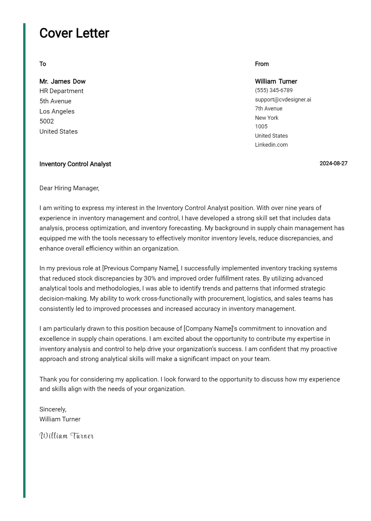 inventory control analyst cover letter example