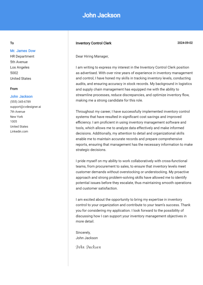 12 Inventory Control Clerk Cover Letter Examples for 2025: Top CV Skills