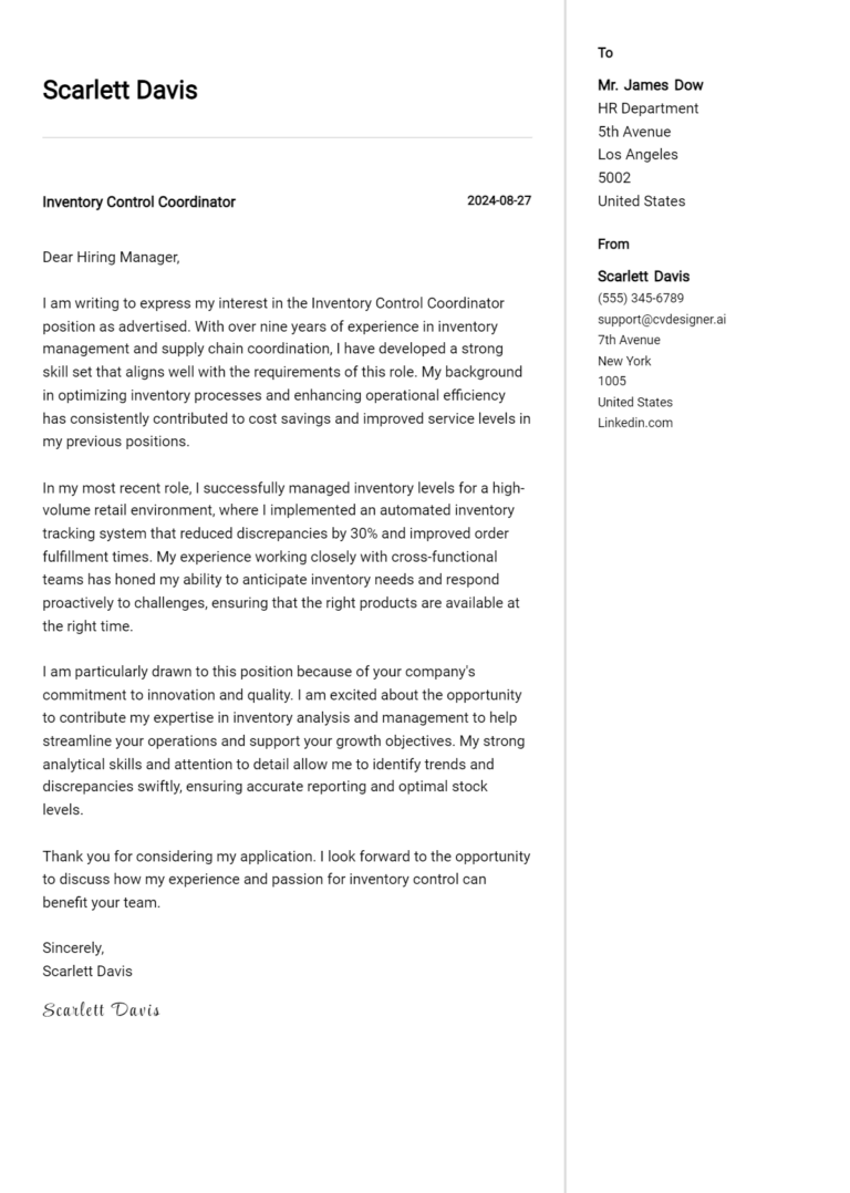 Inventory Control Coordinator Cover Letter Example for 2025 (Free Templates)