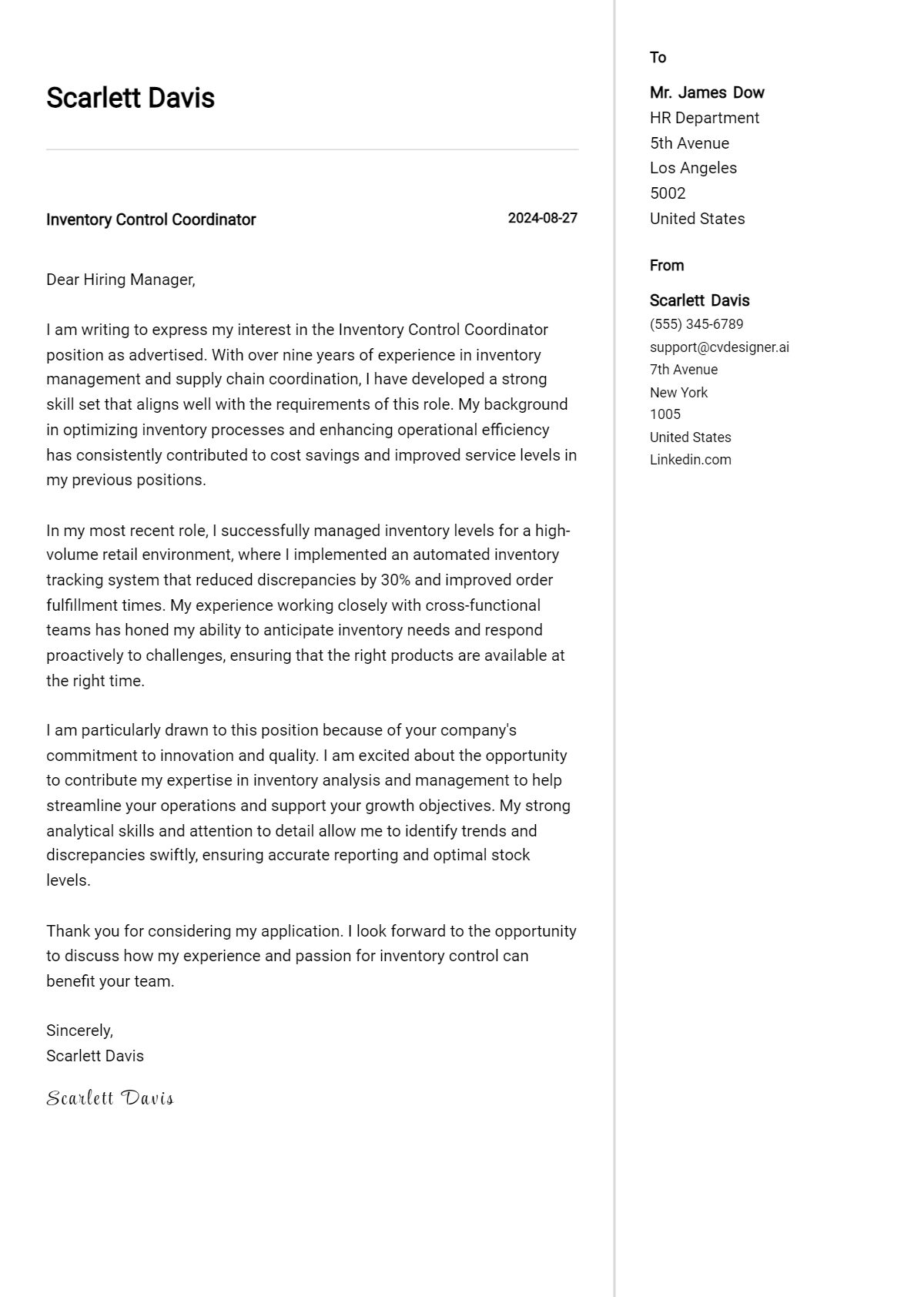 inventory control coordinator cover letter example