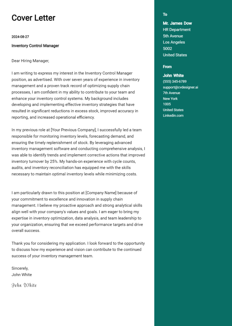 Inventory Control Manager Cover Letter Examples & Samples for 2025