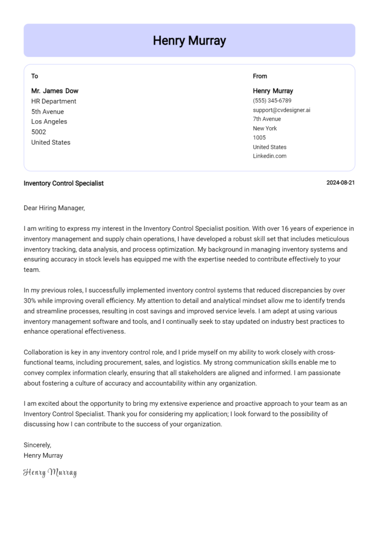 Inventory Control Specialist Cover Letter Example for 2025 (Complete Writing Guide)