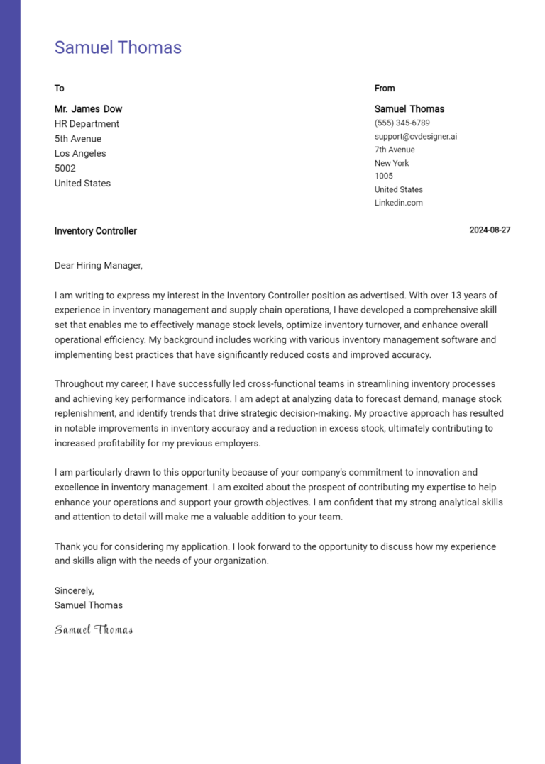 Inventory Controller Cover Letter Example for 2025: Expert Tips & Templates