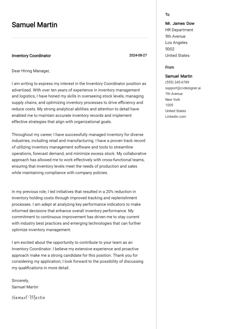 12 Inventory Coordinator Cover Letter Examples for 2025 (Downloadable)