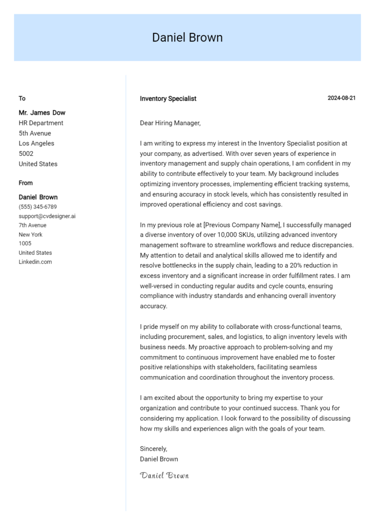 12 Inventory Specialist Cover Letter Example for 2025: Tips & Templates