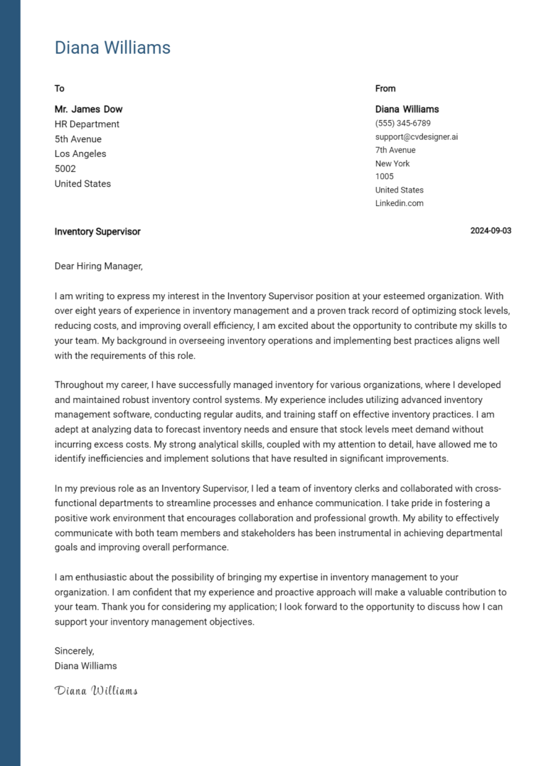 9 Inventory Supervisor Cover Letter Examples for 2025: Tips & Templates