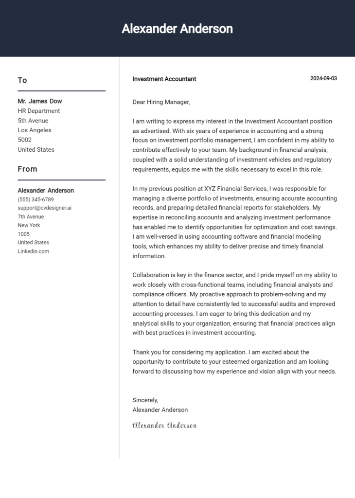 investment accountant cover letter example