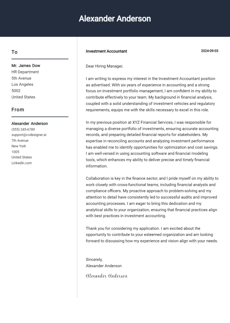 Investment Accountant Cover Letter Example for 2025 (Free Templates)