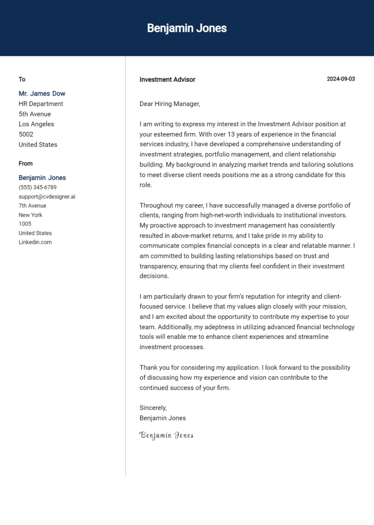 Investment Advisor Cover Letter Examples with Writing Tips for 2025