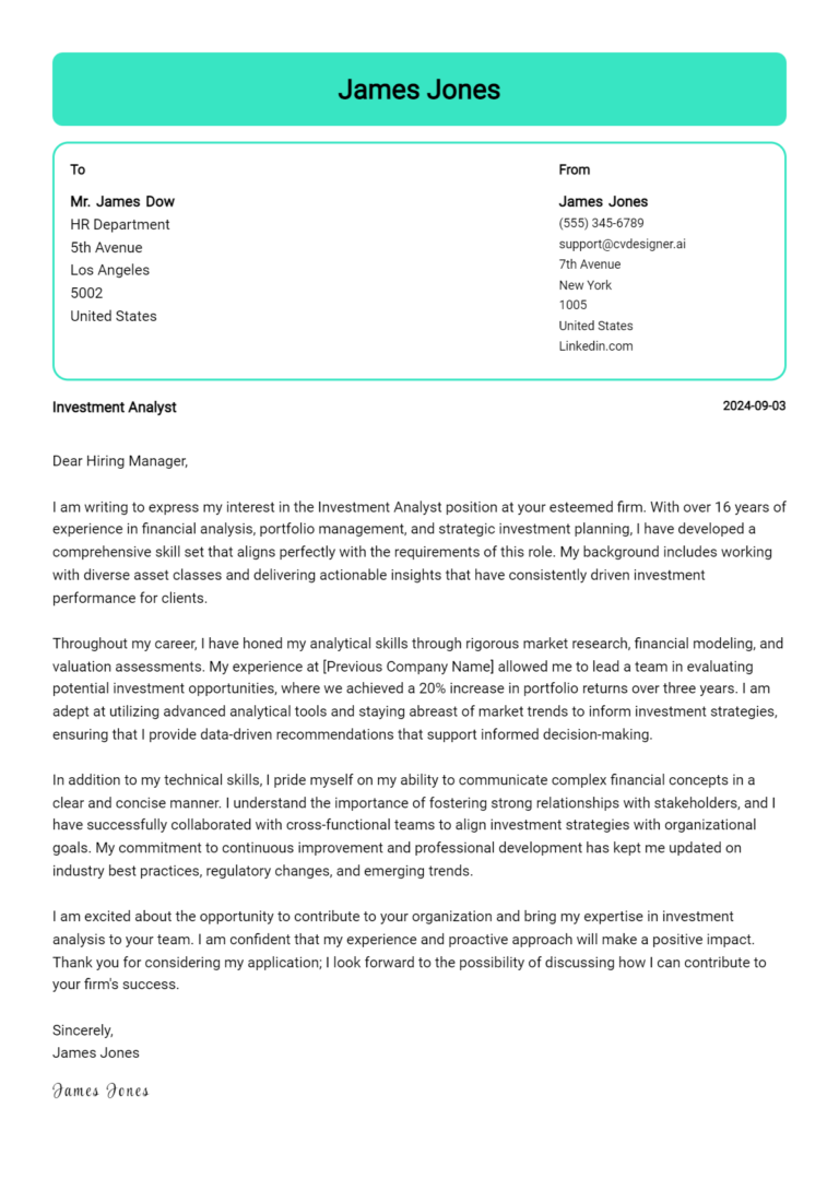 Investment Analyst Cover Letter Examples with Writing Tips for 2025