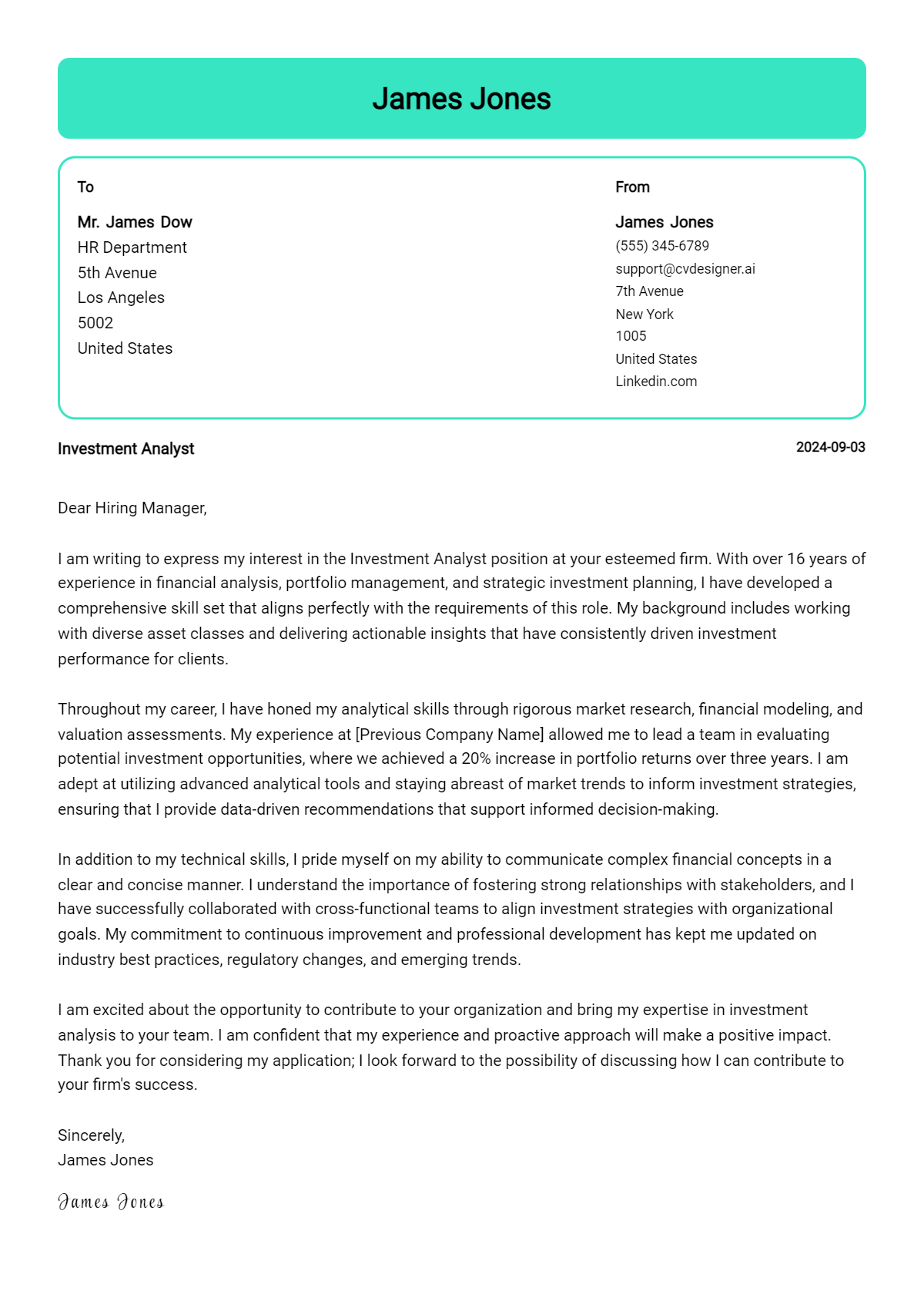 investment analyst cover letter example