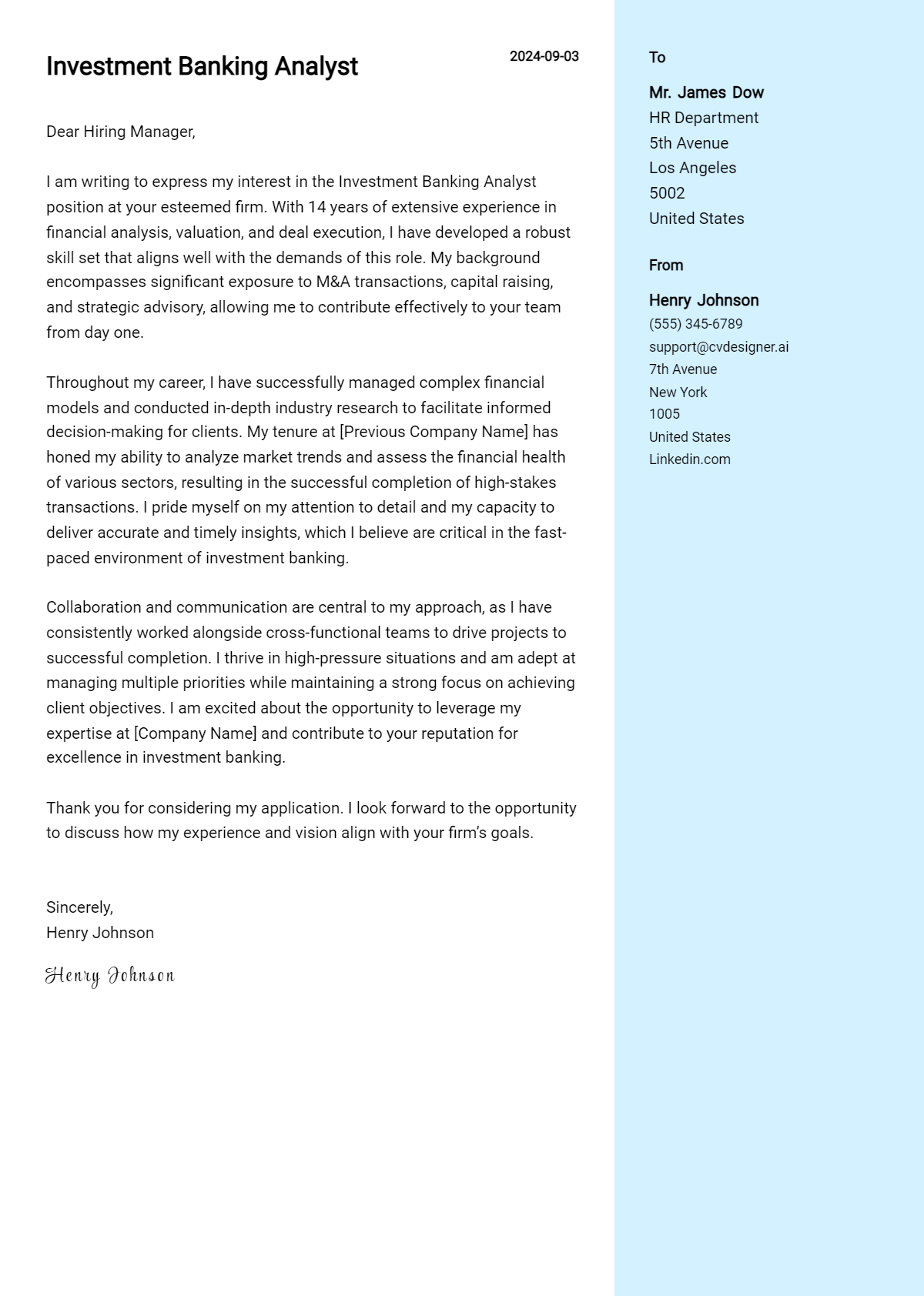 investment banking analyst cover letter example