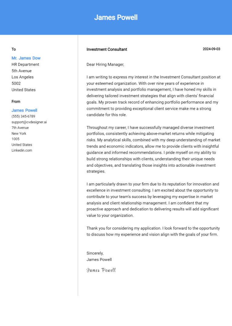 Investment Consultant Cover Letter Examples for 2025 (Downloadable) 1 Investment Consultant Cover Letter Examples for 2025 (Downloadable)