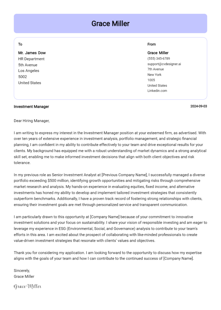 investment manager cover letter example