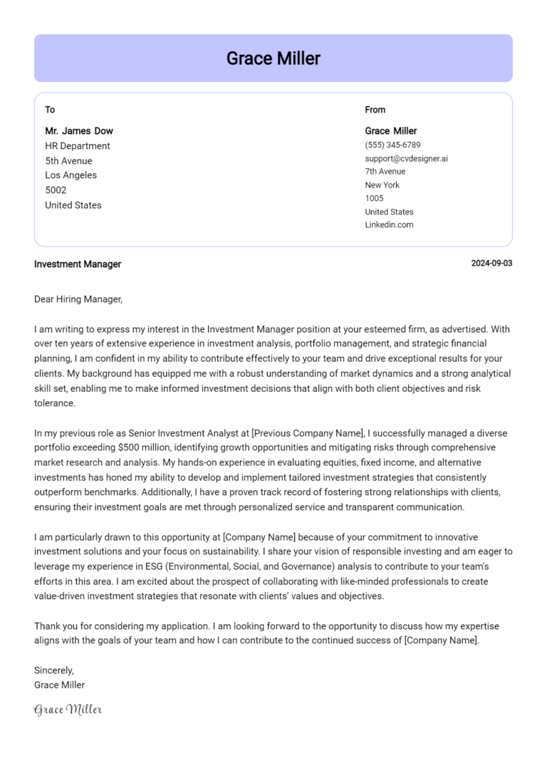 Investment Manager Cover Letter Example for 2025: Tips & Templates