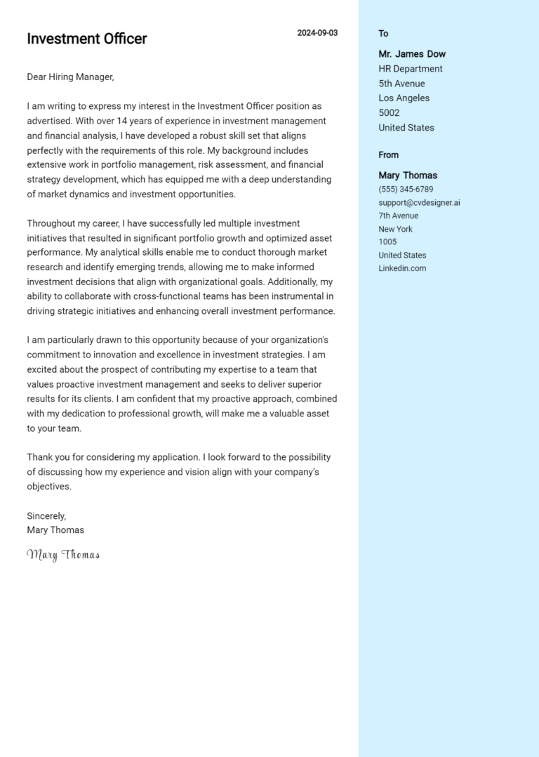 Investment Officer Cover Letter Samples & Examples 2025