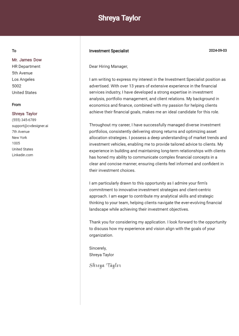 Investment Specialist Cover Letter Example for 2025 (Download Templates) 1 Investment Specialist Cover Letter Example for 2025 (Download Templates)