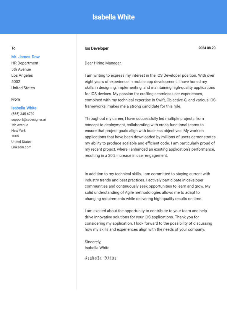 IOS Developer Cover Letter Example for 2025: Tips & Templates