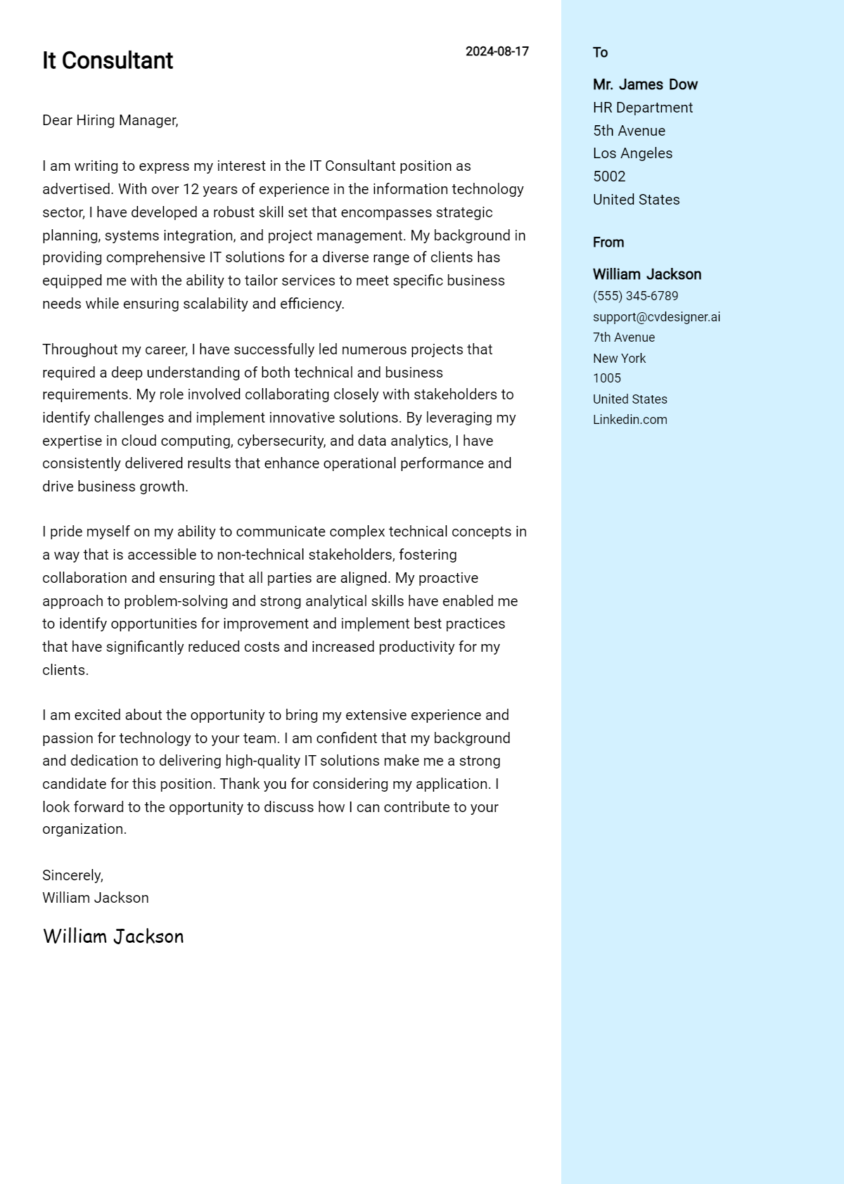 it consultant cover letter example