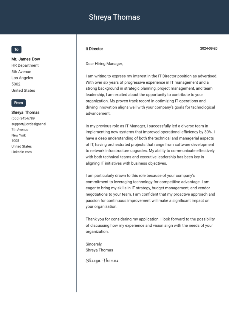 IT Director Cover Letter Example for 2025: Top CV Skills